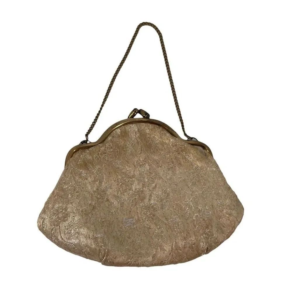 1940s Vintage Evening Bag Fabric Small Gold Formal Purse Kiss Lock Metal Chain
